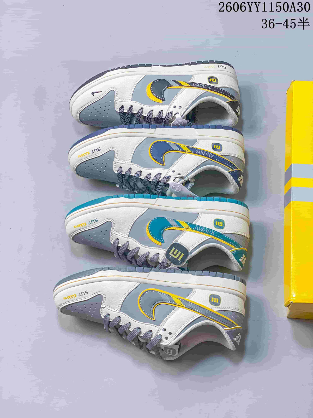 Four color variations of low-top sneakers arranged side by side