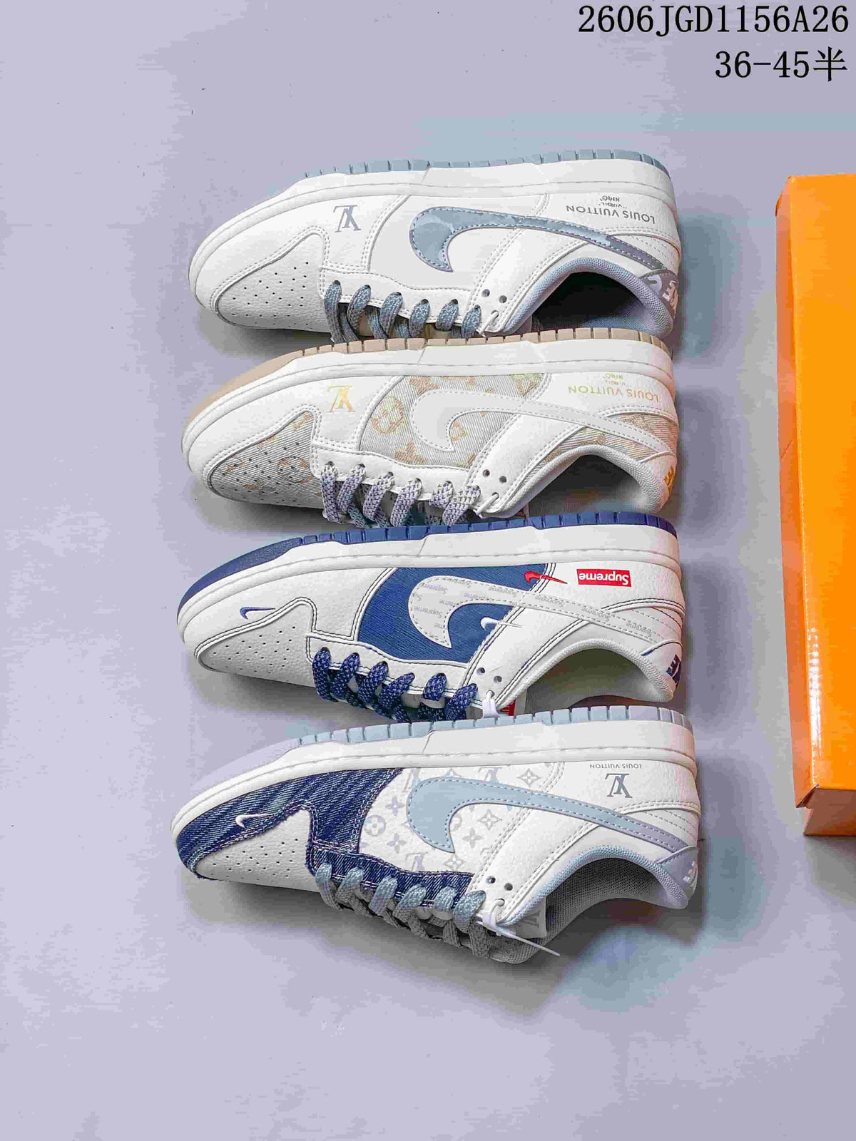 Four white low-top sneaker designs arranged side by side, with blue, gray, or beige accents.
