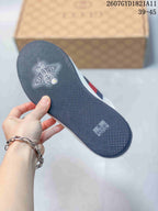 Close view of the dark textured outsole with a decorative emblem and Gucci branding near the heel.