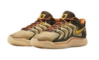 Pair of brown and black Nike KD 17 basketball shoes shown from a front three-quarter angle.