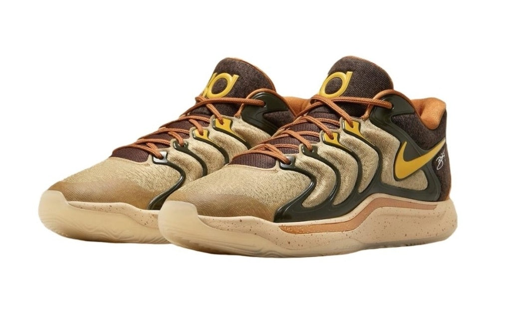 Pair of brown and black Nike KD 17 basketball shoes shown from a front three-quarter angle.