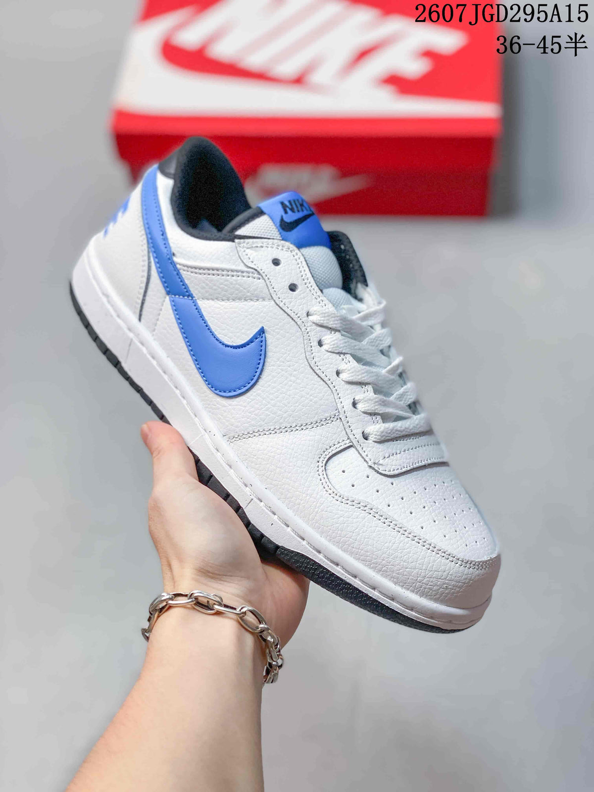 Angled side view showing the white and blue low-top sneaker, blue Swoosh, and black outsole.