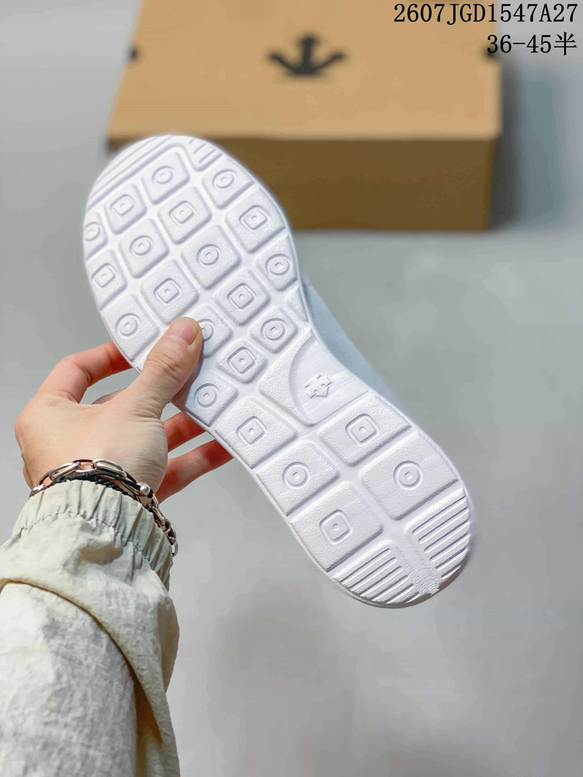 Close view of the white sneaker outsole showing a repeating geometric tread pattern.