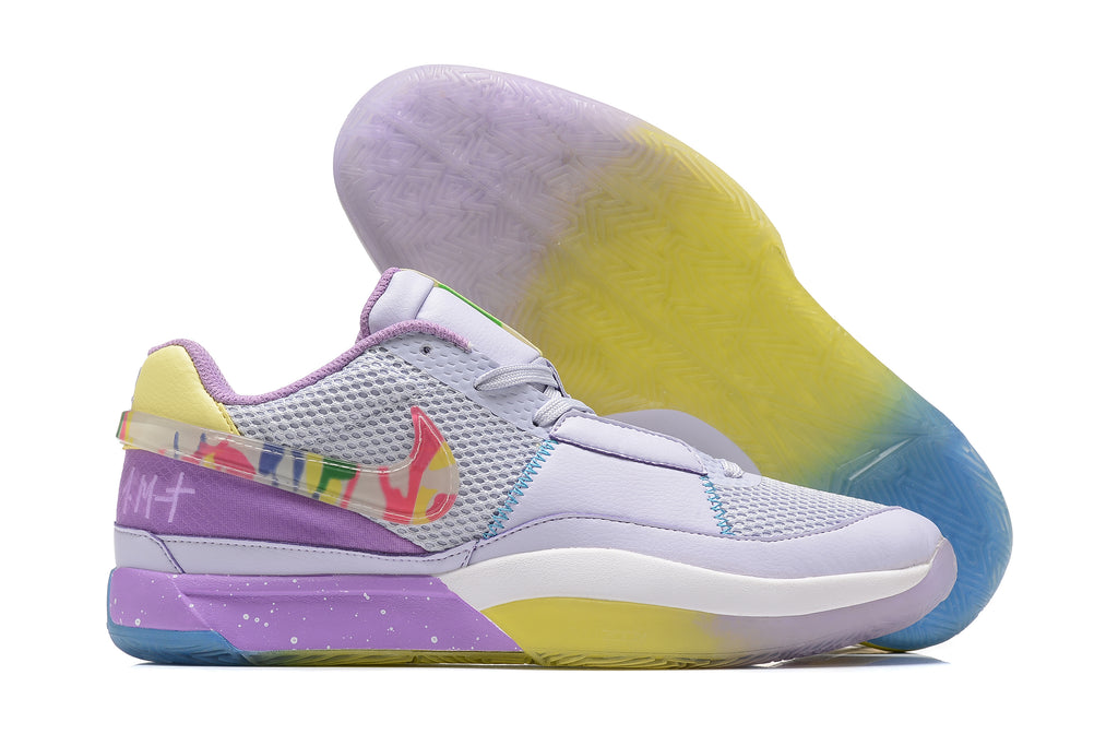 Light-colored Nike Ja 1 shoes with yellow, purple, and blue accents and a translucent outsole.
