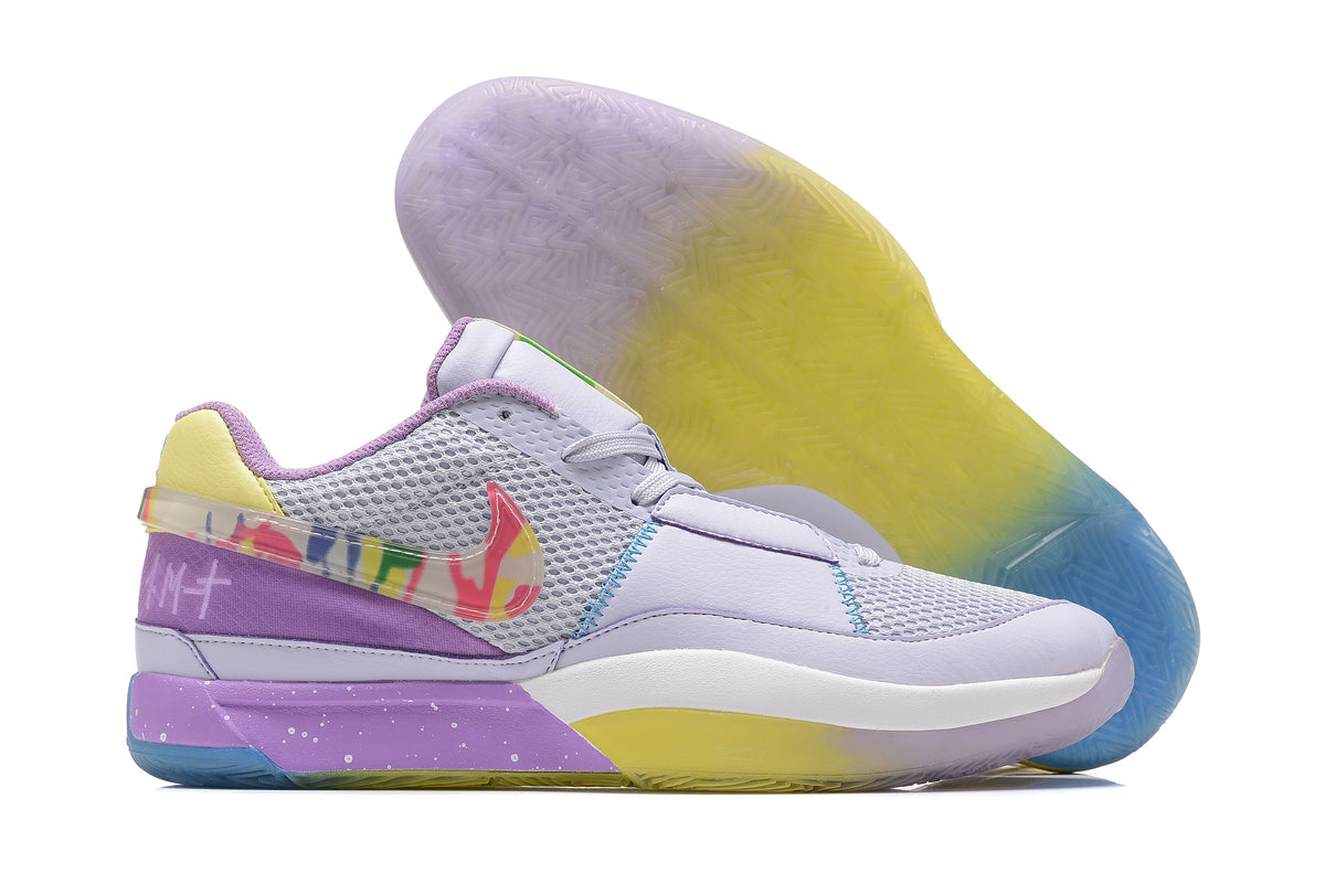 Light-colored Nike Ja 1 shoes with yellow, purple, and blue accents and a translucent outsole.