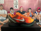 Side view showing the textured orange upper, contrasting Swoosh, and dark green heel panel