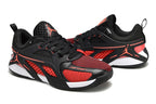 Side view of black and red Jordan Heir shoes