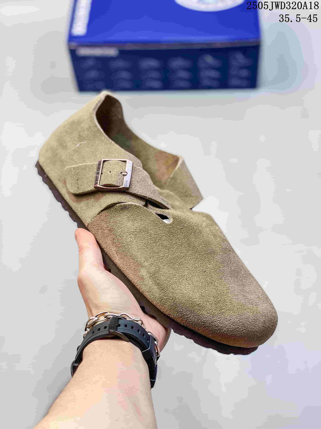 Olive-tan closed-toe sandal with two buckle straps; size range text appears in the image.