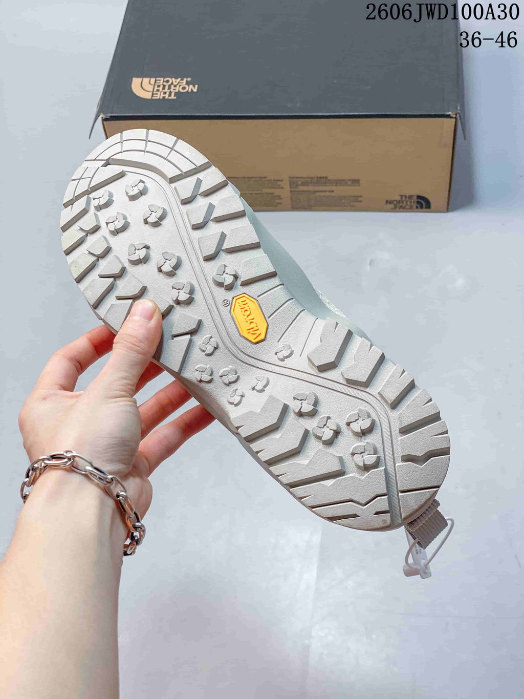Close-up of the shoe outsole showing its tread pattern and Vibram mark