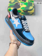 Blue, black and white low-top sneaker with contrasting star graphic and blue outsole accents; source overlay shows style code 2607NY244A24 and size range 36–45.