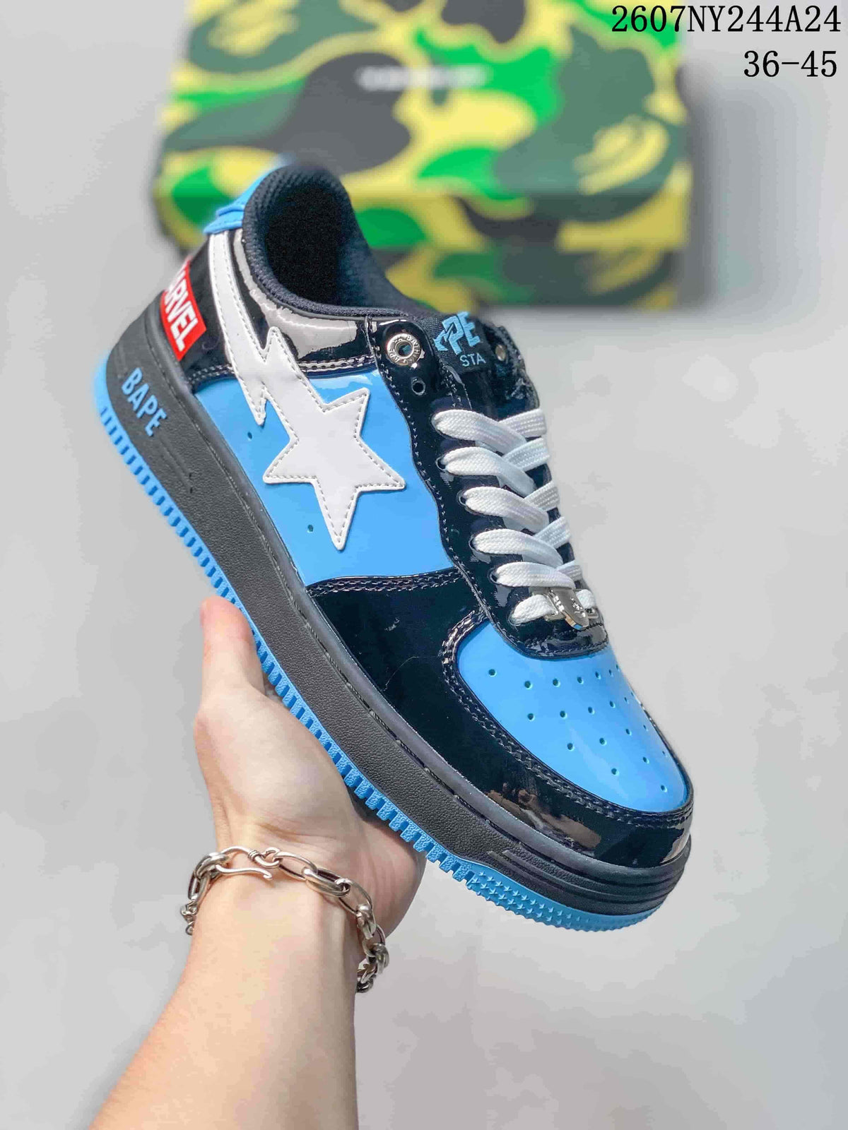 Blue, black and white low-top sneaker with contrasting star graphic and blue outsole accents; source overlay shows style code 2607NY244A24 and size range 36–45.