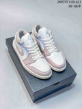 Pair of white, pink and light blue low-top Jordan sneakers displayed on a shoebox; image text shows style code 2607NY1161A21 and size range 36–46.5.