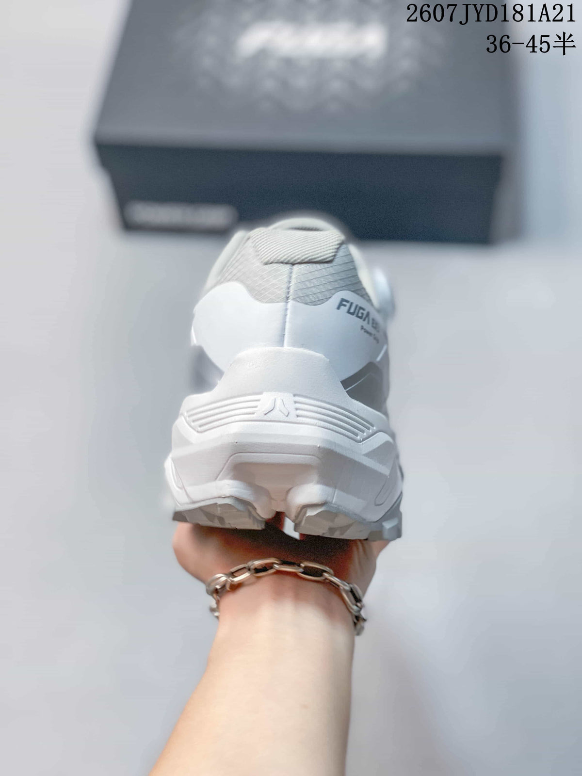 Rear view of the white low-top shoe showing the padded heel and FUGA branding.