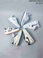 Overhead arrangement showing six white-based low-top sneaker designs with different Swoosh graphics, laces, printed panels, and outsole colors; style code 2607GGD1159A19 and size range 36-45 are overlaid.