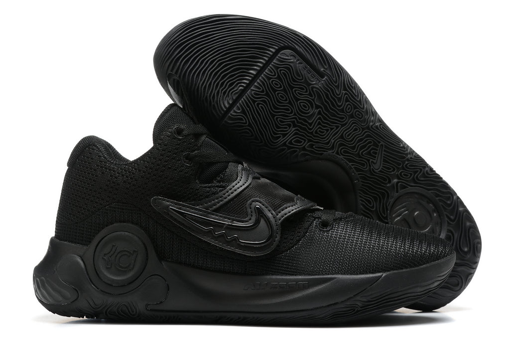 All-black Nike KD basketball shoes with a textured outsole.