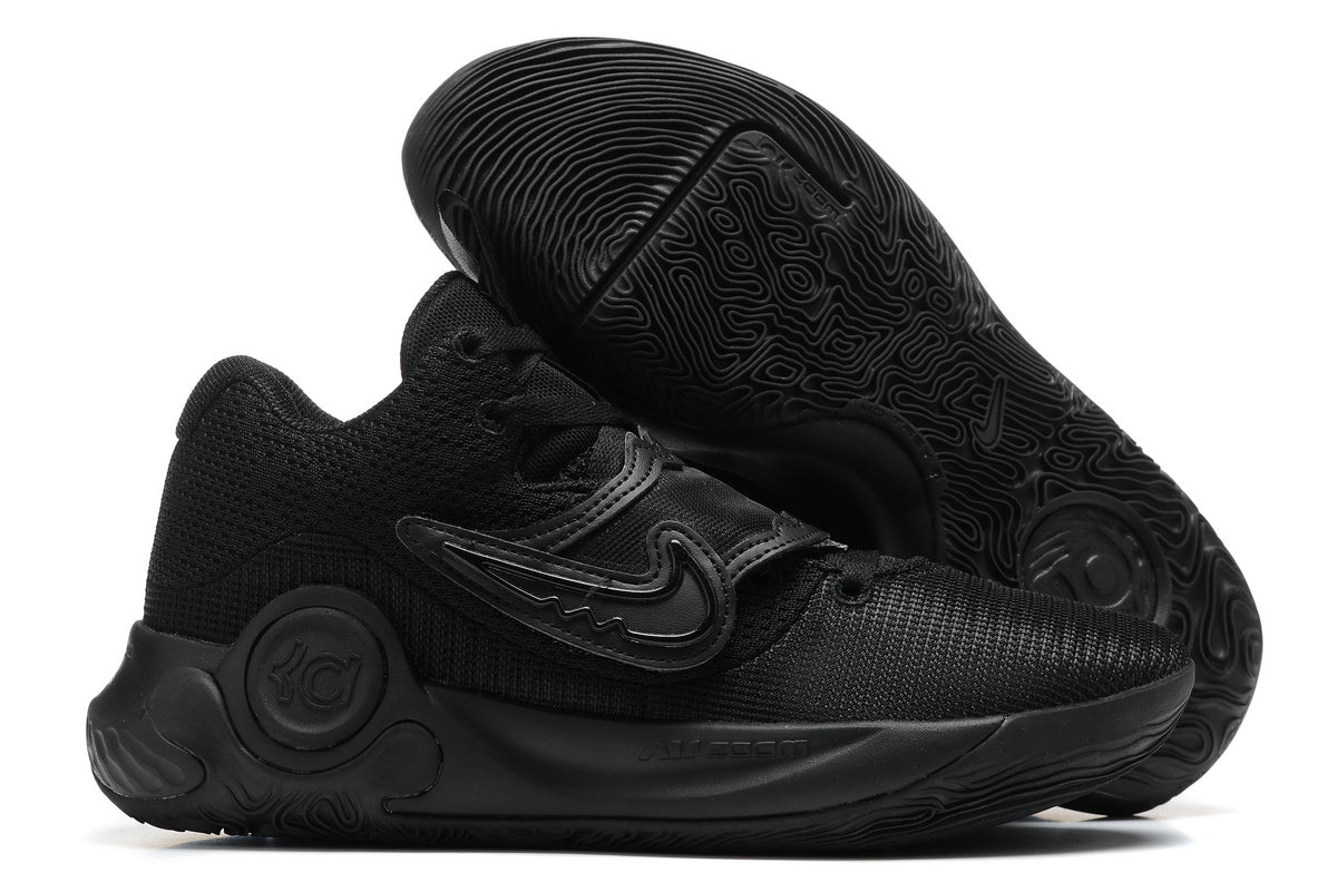 All-black Nike KD basketball shoes with a textured outsole.