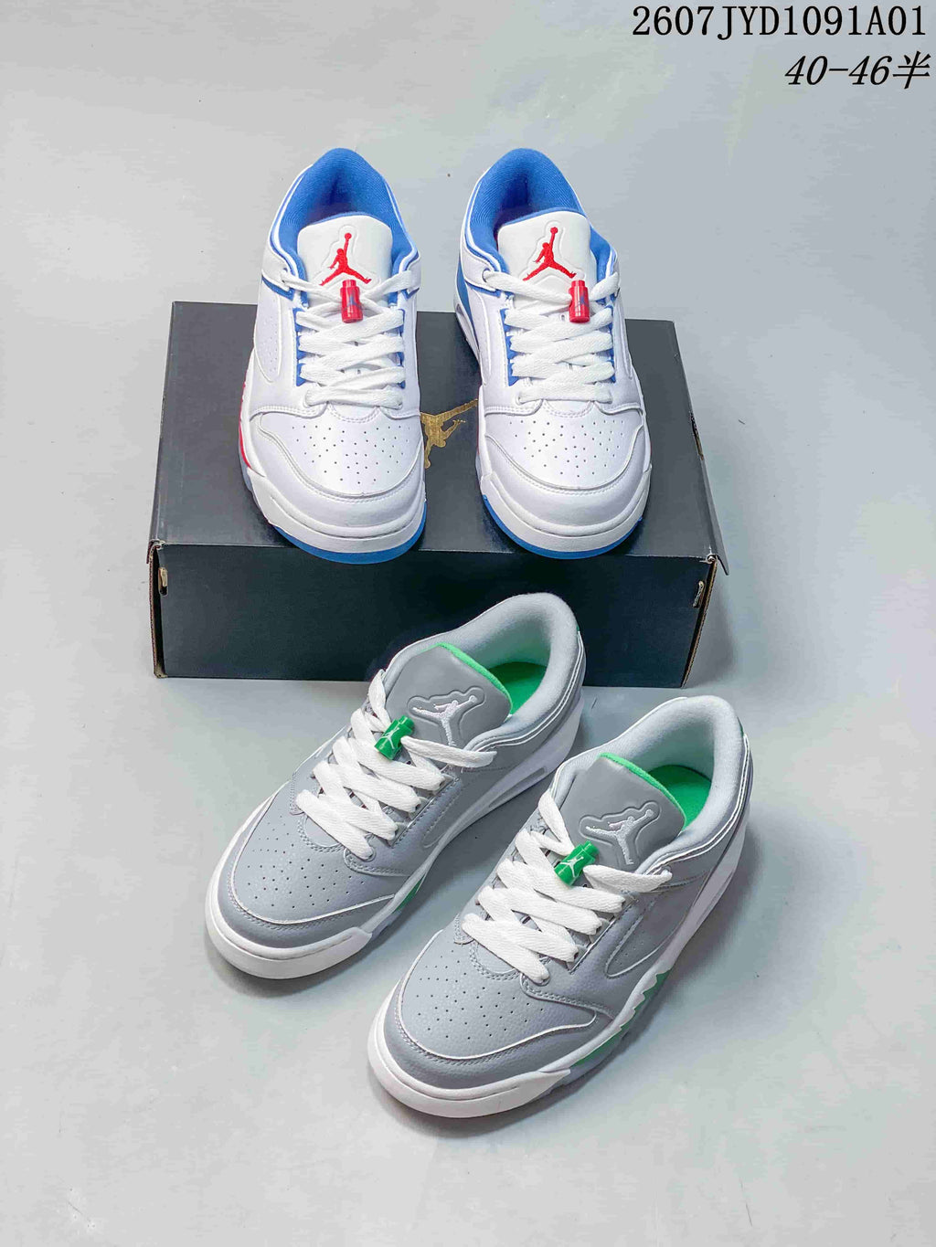 White and blue-red sneakers shown alongside a gray and green pair; image overlay lists sizes 40–46.