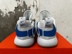 Rear view of white and blue Nike basketball shoes showing textured collars and heel details.