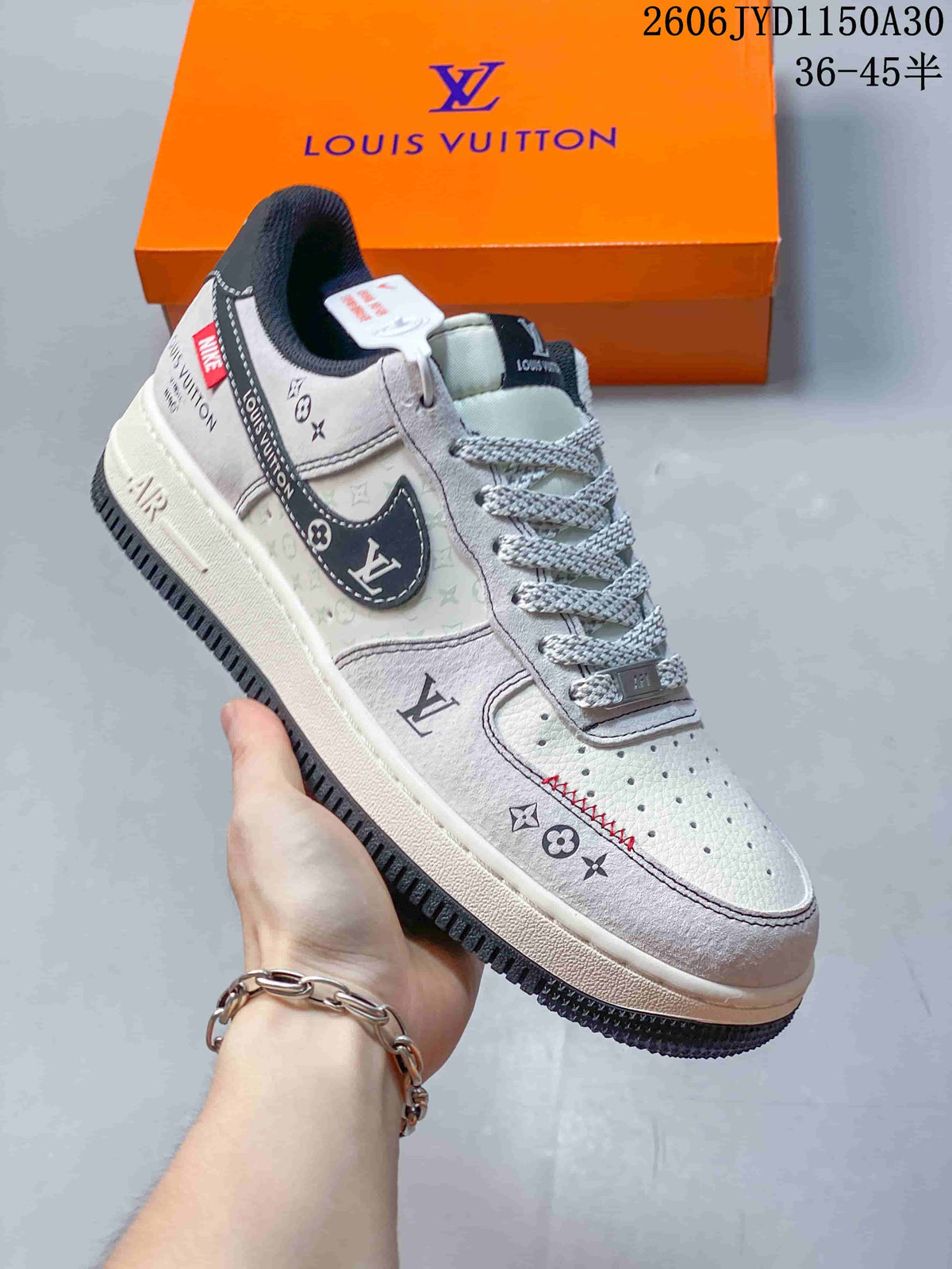 Angled view of the sneaker showing its contrasting side graphics and dark outsole