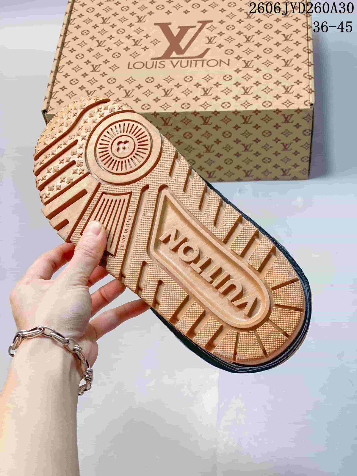 Close-up of the tan patterned outsole on a navy sneaker