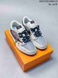 Pair of white and light gray low-top sneakers with dark navy laces displayed on an orange shoebox; image text shows style code 2607GXD1588A18 and size range 36–45.5.