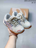 Pair of white ASICS HYPERSYNC kids' sneakers with blue and red accents and gum-colored outsoles.