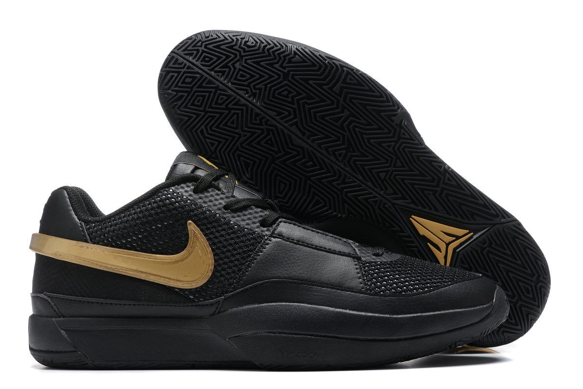 Black Nike Ja 1 shoes with gold-colored side detailing and a black outsole.