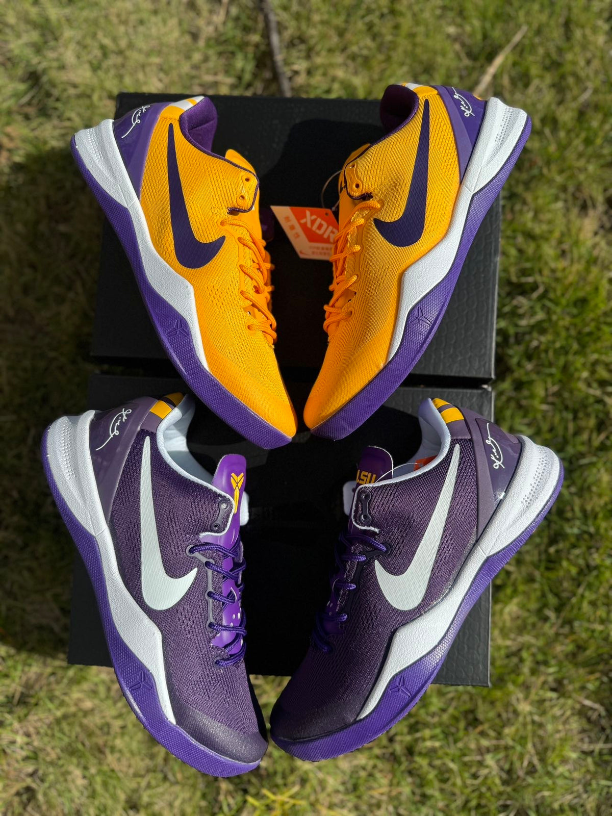 Purple and gold Kobe 8 shoes arranged together, showing both color panels.
