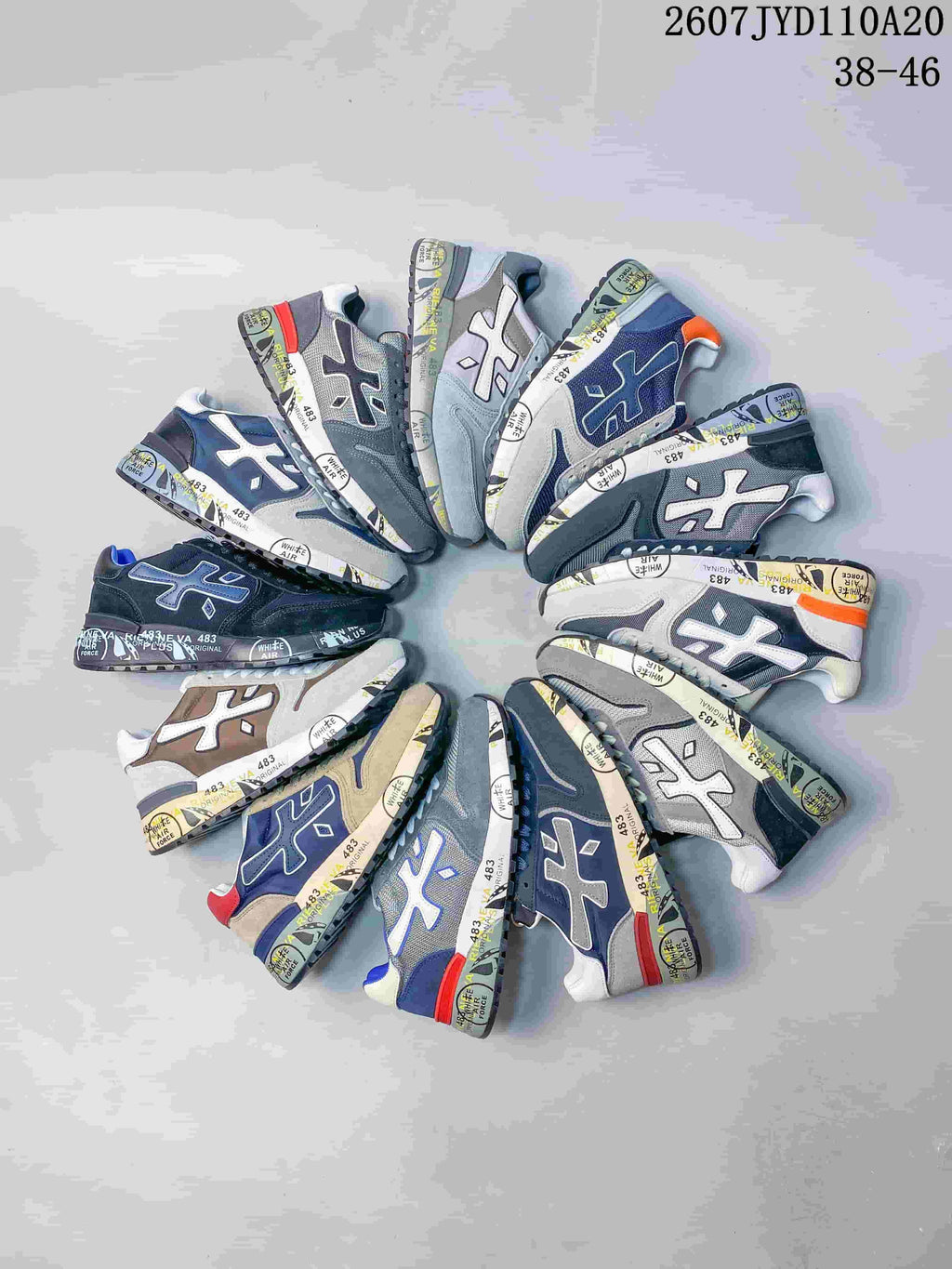 Group view showing multiple Premiata sneaker colorways arranged in a circular display.