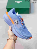 Blue Lacoste Neo Run low-top sneaker with orange accents, lace-up closure, crocodile side logo, and sculpted sole; size range text 36–45 is visible.