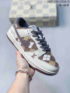 Angled side view showing the white and brown plaid upper, dark swoosh, and outsole.
