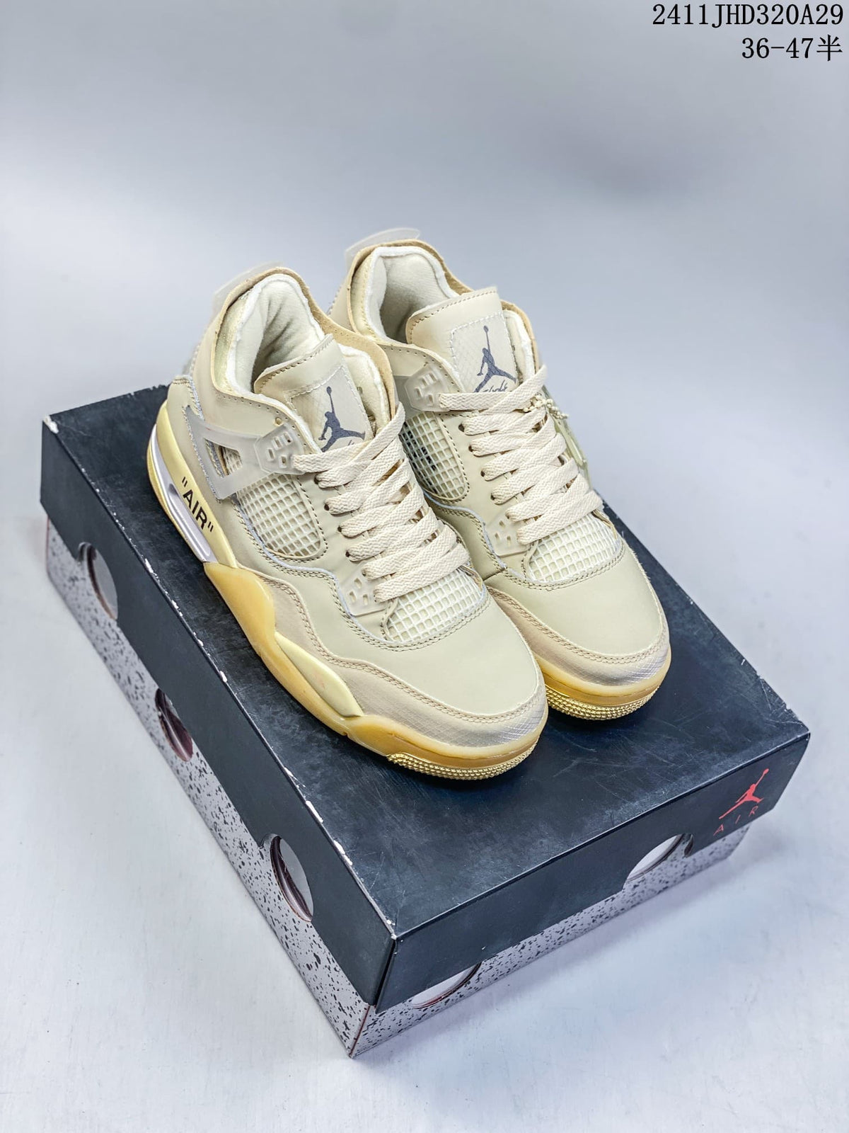 Cream-colored mid-top sneakers with mesh panels and a visible cushioning unit, displayed on a Jordan shoebox.