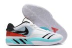 White Nike Ja 1 shoes with black, red, and turquoise accents.
