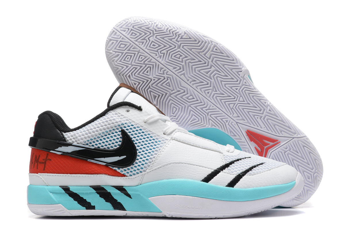 White Nike Ja 1 shoes with black, red, and turquoise accents.