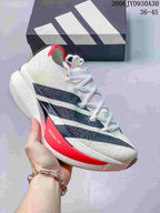 White adidas Adizero Prime X3 shoe with dark stripes and a pink sole accent.