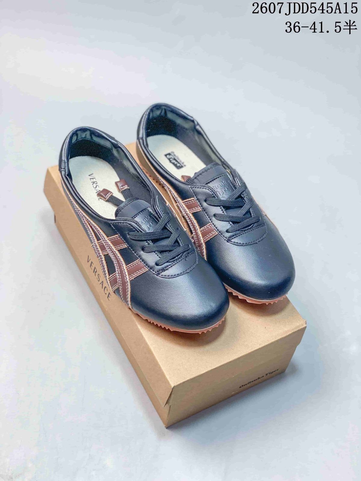Pair of navy and brown Versace x Onitsuka Tiger sneakers displayed on a branded shoebox; style code and size range are overlaid above.