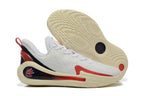 Side and outsole view of the white basketball shoes with textured cream-toned tread