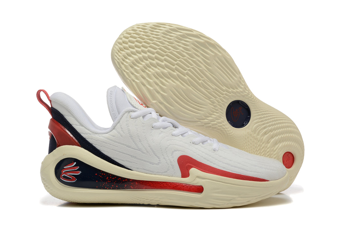 Side and outsole view of the white basketball shoes with textured cream-toned tread