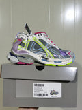 Balenciaga Runner sneaker in grey and purple with neon yellow accents, shown on its box; the label shows style code 0361, color GREY/PURPLE and size C 37.