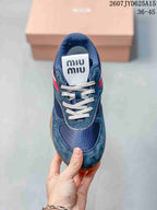 Top view of the navy sneaker showing contrast laces, textured panels, and the Miu Miu tongue label; image text lists sizes 36–45.