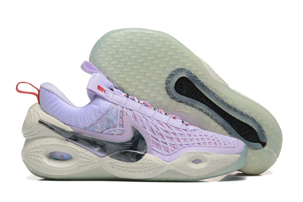 Light purple Nike Anthony basketball shoes with pale cream soles, shown from the side and sole.