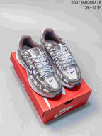 Pair of Nike P-6000 sneakers in white, purple and pink displayed on a red shoebox; overlay text shows style code 2607JGD388A18 and sizes 36–45.