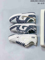 Overhead side-by-side view showing a white sneaker and two white-and-navy monogram-print sneaker designs.