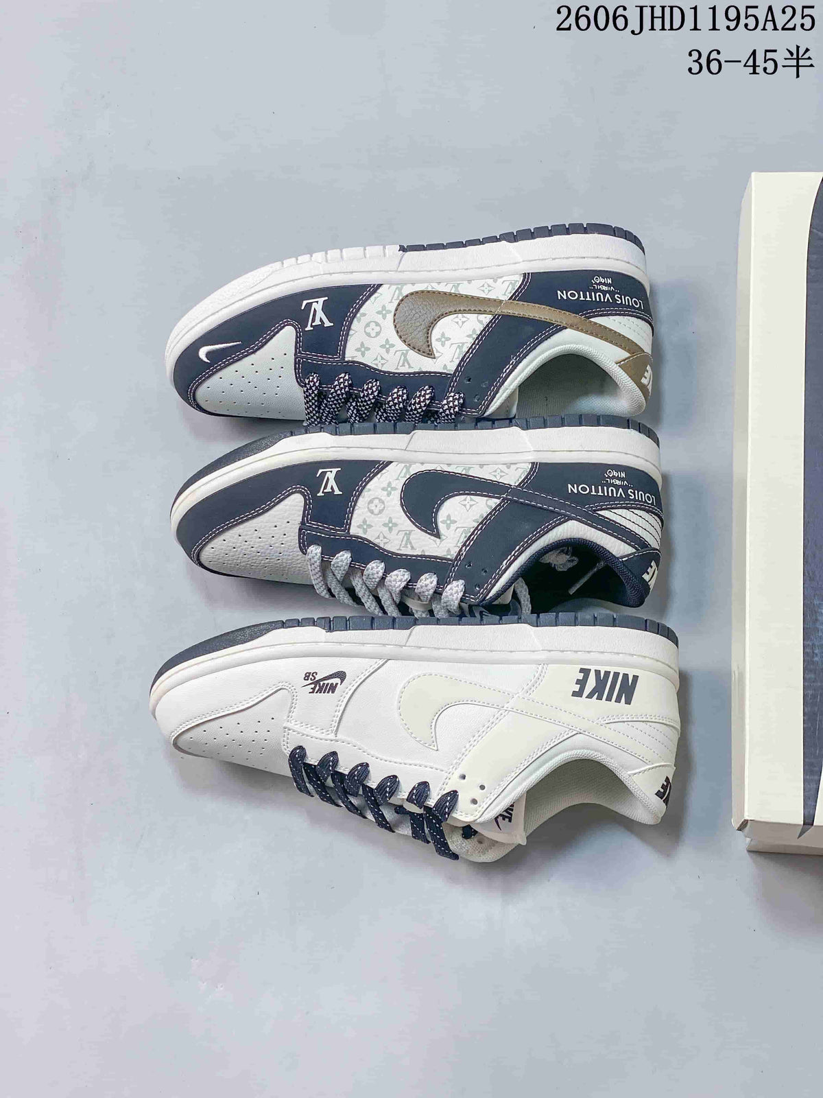 Overhead side-by-side view showing a white sneaker and two white-and-navy monogram-print sneaker designs.