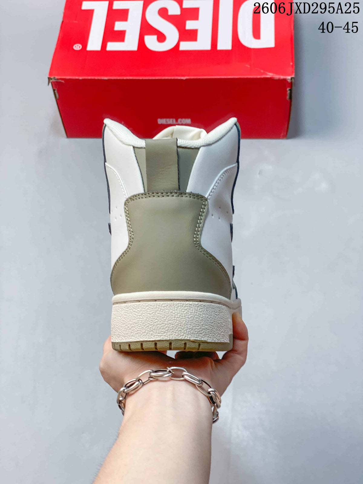 Rear view of the high-top sneaker with a khaki heel panel