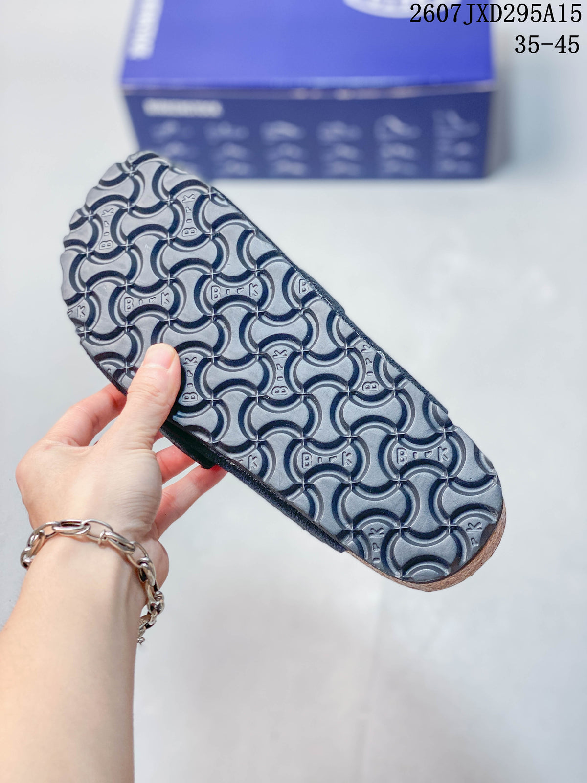 Close view of the patterned textured outsole with repeated Birkenstock-style markings.