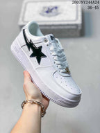 All-white low-top sneaker with black star side graphic, white laces and white sole; source overlay shows style code 2607NY244A24 and size range 36–45.
