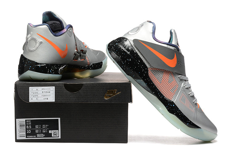Silver-gray Nike KD 4 shoes beside a box; the visible box label shows sample sizes 8.5 and 10.