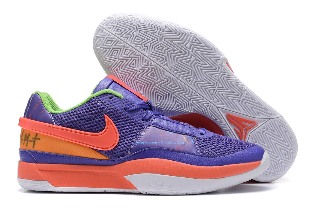 Purple Nike Ja 1 shoes with coral, orange, and green accents.