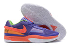 Purple Nike Ja 1 shoes with coral, orange, and green accents.